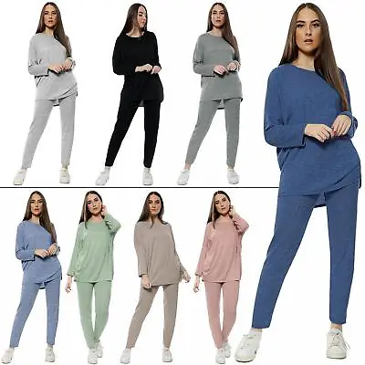 Women's Long Sleeve Plain Lounge Wear Soft Casual Two Piece Ladies Tracksuit Set • £16.99