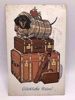 Postcard Dachshund Dog With Luggage German Posted • $9