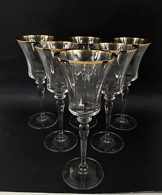 6 MIKASA Optic Crystal JAMESTOWN CLEAR Water Goblets/Wine Glasses Gold Rims • $79.95