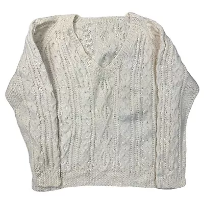 Vintage Aran Hand Knit Jumper 100% Wool Fishermans Chunky Beige Mens 2XL • $49.77