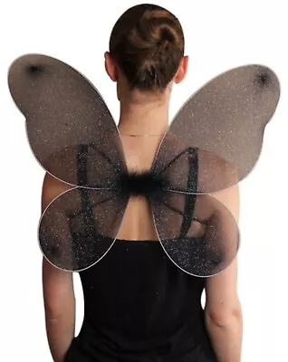 Black Net Fairy Wings With Silver Glitter Ladies Girls Halloween Dress Up Party  • £9.49