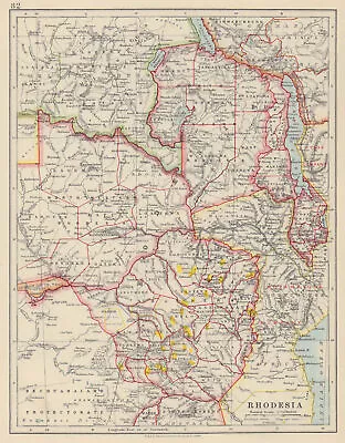 RHODESIA. Goldfields (yellow). Zambesia. Zambia Malawi Zimbabwe 1910 Map • £55