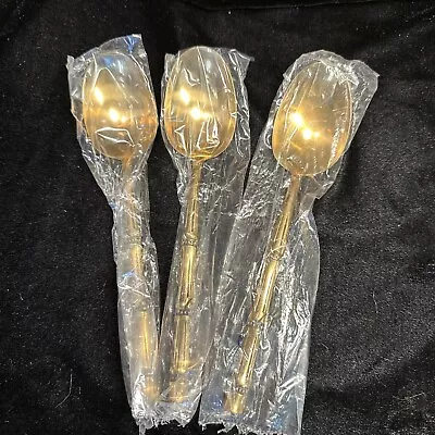 3 Soup Dinner Spoons Flatware Gold Tone Nickel Bronze Bamboo Thailand Vintage 8” • $24