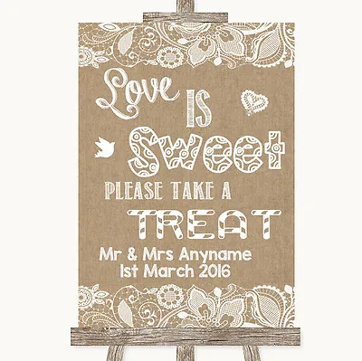Burlap & Lace Love Is Sweet Take A Treat Candy Buffet Personalised Wedding Sign • £9.99