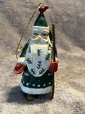 Vintage Silvestri Folk Art Santa With Bird Green Holiday Christmas Ornament NWOT • $9.56