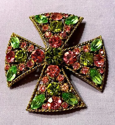 VINTAGE REGENCY MALTESE CROSS RHINESTONE PIN BROOCH Easter Colors! • $39