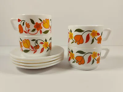 £18.99 • Buy 4 Vintage Retro 1970's French Arcopal Tulip Design Coffee Cups And Saucers