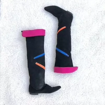 Vintage Black Suede W/ Colorful Zippers Knee High Fold Down Musketeer Boots • $119