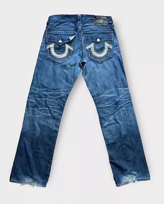 True Religion Jeans Mens 34X32 Blue Ricky Straight Distressed Whisker • $38.88