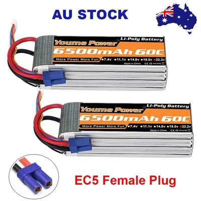 $129.88 • Buy 2pcs Youme 6S 22.2V 6500mAh EC5 60C LiPo Battery For RC Helicopter Drone Truck