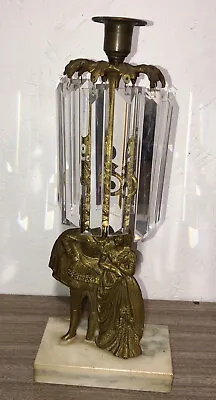 Antique Girandole Brass Marble Base Candle Holder Man & Woman Crystal Prisms • $89.99