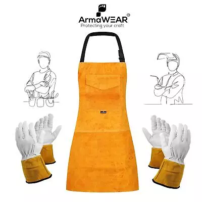 Premium Leather Welders PPE Apron And TIG Welding Gauntlet Glove Pack • £22.90