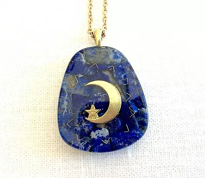 Orgone Pendant Necklace Golden Crescent Moon Star & Lapis Lazuli. Made In USA • $15.99