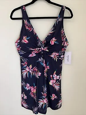 $49.99 • Buy Swimsuits For All Twist Front V-Neck Swimdress - Size 14-  Blue Floral One Piece