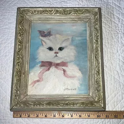 CAT Original PAINTING 70s Hand Painted White Kitten Pink Bow • $87