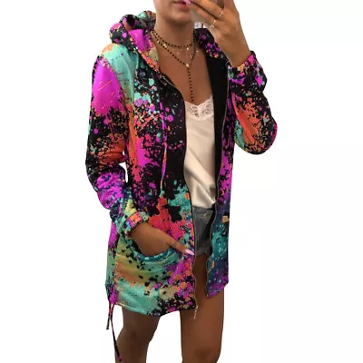 Fashion Women Multicolor Tie Dye Print Long Sleeve Hooded Coat Zipper Jacket 0 • $33.73