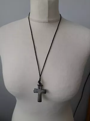 Costume Jewellery  Statement Necklace Grey Hematite Cross Pendant Corded • £7.85