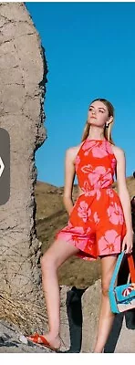 Staud Georgia Floral Romper Orange /Pink  Cutout Open Back Sleeveless Size 0 • $46
