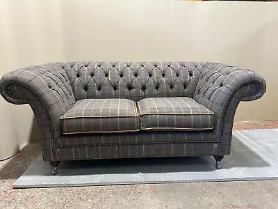 British Handmade Chesterfield Brown Tweed Fabric Sofa • £1049