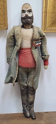 Antique DOLL FOLK ART HANDMADE Wood Cloth Leather PRIMITIVE ANTIQUE Man Military • $194.50