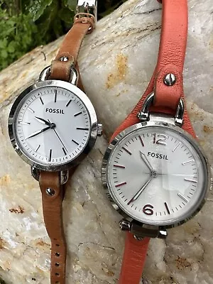 Fossil Watch LOT Of 2 The Georgia Women’s Watches Leather Cuff Bands Need Batt • $39.95