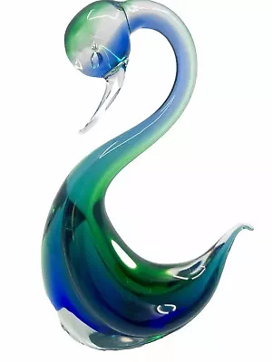 MCM Murano Italy Royal Blue  & Green Sommerso Art Glass Swan Bird Figurine • $65