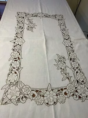 Vintage Tablecloth Madeira Style Cutwork Embroidered 66x100 Ivory • $67.50