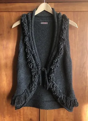 Wrap Sleeveless Cardigan Waistcoat Size 8 Brown Wool/Cotton Blend Boho Fringed • £19.99