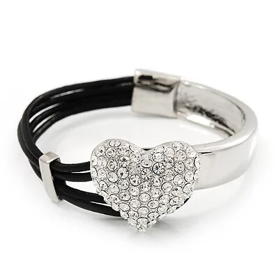 £21.75 • Buy Silver Tone Diamante 'Heart' Leather Cord Bracelet - 17cm Length