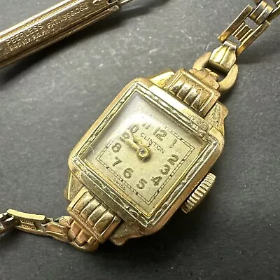 VINTAGE CLINTON ART DECO WOMAN’S WATCH Gold Tone WORKING MANUAL WIND 5 1/2 Inch • $24.85