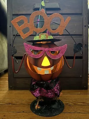 Vintage Tin Halloween Pumpkin Head Woman Bobble W Battery Operated Candle 16” • $44