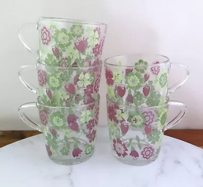 $55 • Buy Set Of 5 Glass IKEA Coffee / Tea Mugs France Purple Flowers Floral IDEELL Retro