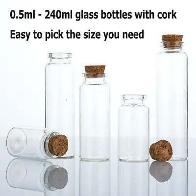 0.5ml - 240ml Tiny Clear Glass Bottles Empty Glass Bottle With Cork Vials Jars • $68.38