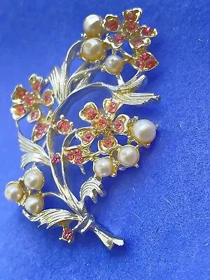 VTG Pink Rhinestone & Faux Pearl Costume Jewelry Flower Brooch • $0.99