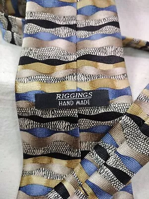 Riggings Silk Neck Tie Handmade Geometric Pattern Gold Blue Black Vintage • $7.97