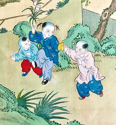 Vintage Chinese Children At Play Watercolor Painting On Silk Panel Holding Hands • $49.95