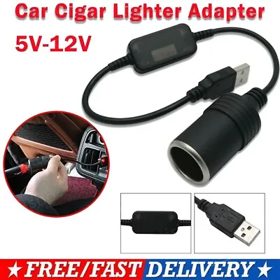 5V USB Male To Female 12V Socket Car Cigarette Lighter Converter Adapter Black • £5.82