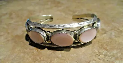 DELIGHTFUL Vintage Navajo Sterling Silver FIVE PINK MOTHER Of PEARL Bracelet • $169