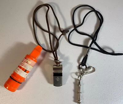 LOT OF 3 WHISTLES VTG BOY SCOUT VTG DOG WHISTLE And ADVENTURE W/COMPASS CAMPIN • $15.08