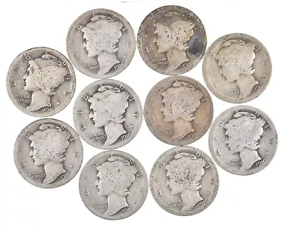 Lot Of 10 First Year 1916 P/S Mercury Head Silver Dime Collection 1/5 Roll *241 • $16.50