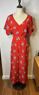 Sportsgirl Red Whit Floral Jumpsuit Belted Pockets Short Sleeve Party Size 8 • $19.90