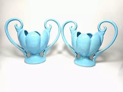 2 Vintage Camark Pottery Vases 505 USA Blue Double Handle Lotus Tulip Flower B1 • $45.99