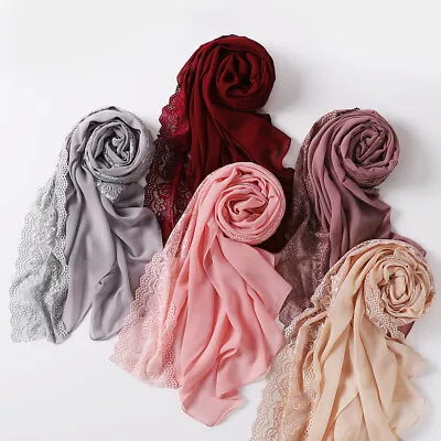 Lace Hijab Chiffon Scarf Stitching Muslim Shawl Plain Colors Head Wraps Pretty • £12.96