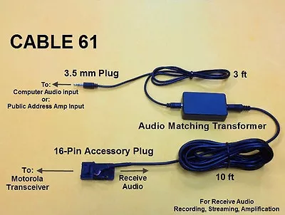 Cable 61 Motorola Maxtrac GM300 CM300 M1225 Recording Adaptor Streaming Audio • $29.99