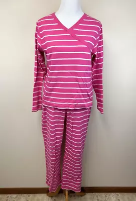 Hanna Andersson Womens M Pink White Opposite Stripe Pajama Set Mock Wrap • $39.99