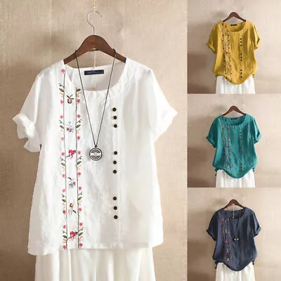 Women Summer Pure Cotton Top Tee T Shirt Crew Neck Buttons Solid Basic Blouse • $22.70