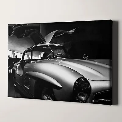 Mercedes Benz 300SL Vintage Wing Doors Black & White Cars Canvas Wall Art Print • $49