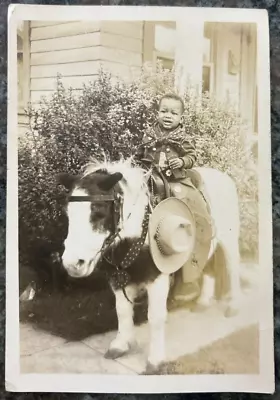 Vtg Photo African American Adorable Baby On Pony Cowboy Outfit Chaps Hat 1944 • $19.99