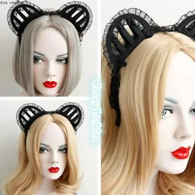 Adult Black Lace Cat Ears Headband Fancy Dress Catwoman Halloween Dress Up Hen • $4.95