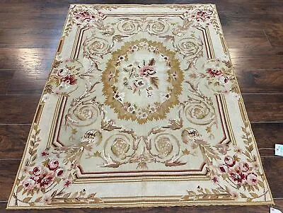 $799.36 • Buy Aubusson Needlepoint Rug 4x5 Beige And Tan Savonnerie Vintage Carpet Handwoven